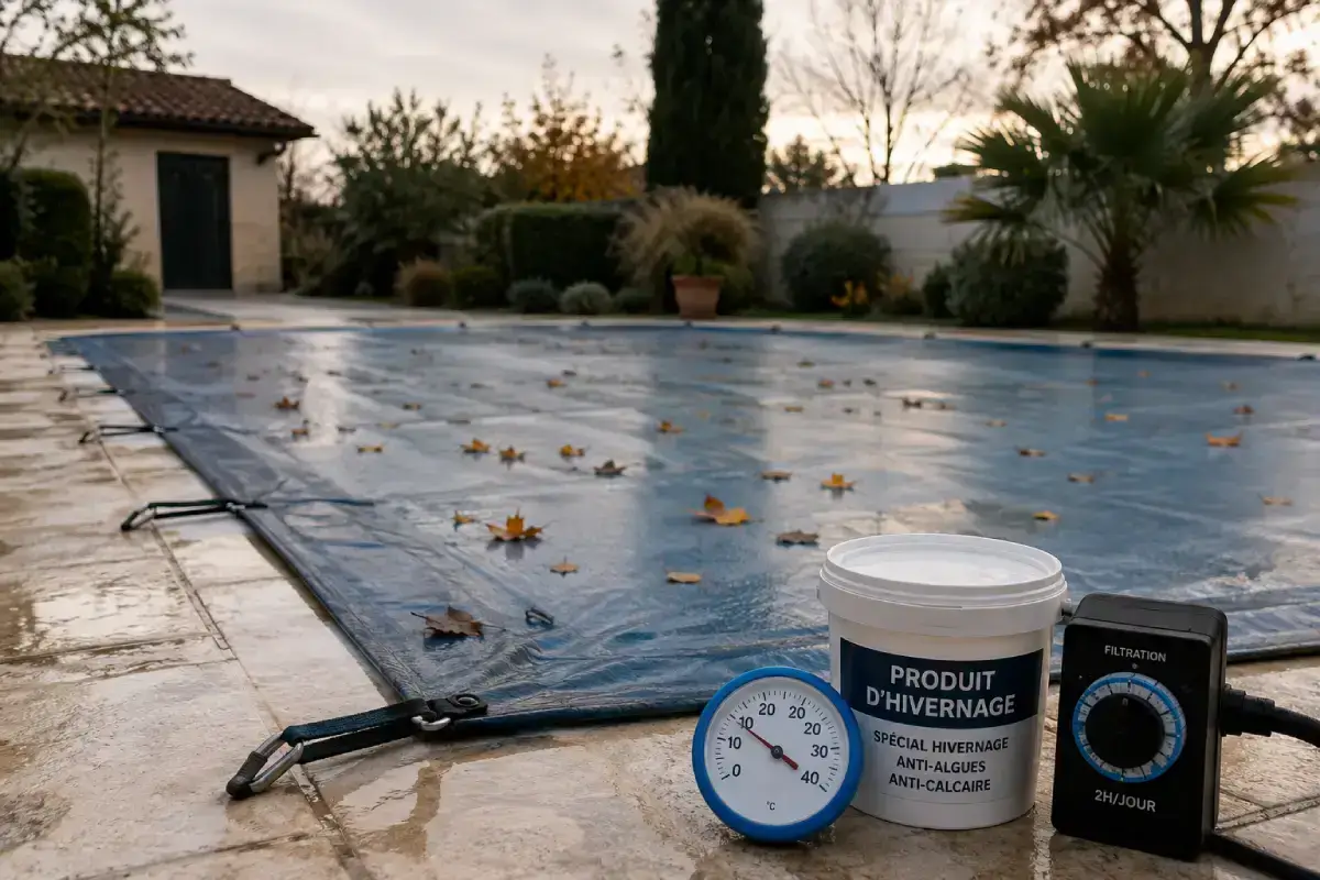 Bâche d'hivernage sur une piscine avec thermomètre, produit d'hivernage et horloge de filtration
