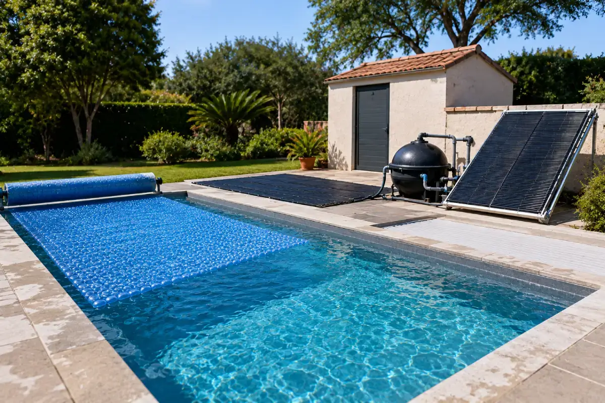 Chauffage solaire de piscine avec tapis solaire et capteurs thermiques installés près du local technique